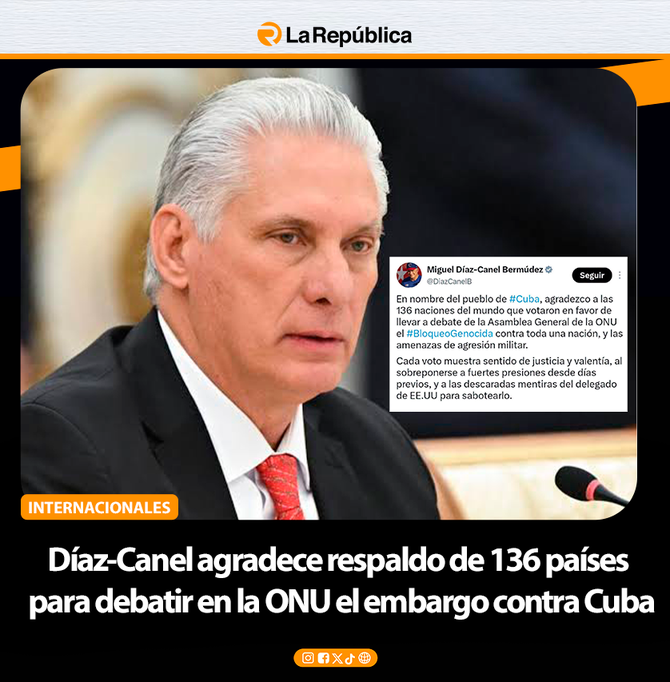 Díaz-Canel agradece respaldo de 136 países para debatir en la ONU el embargo contra Cuba - Cover Image